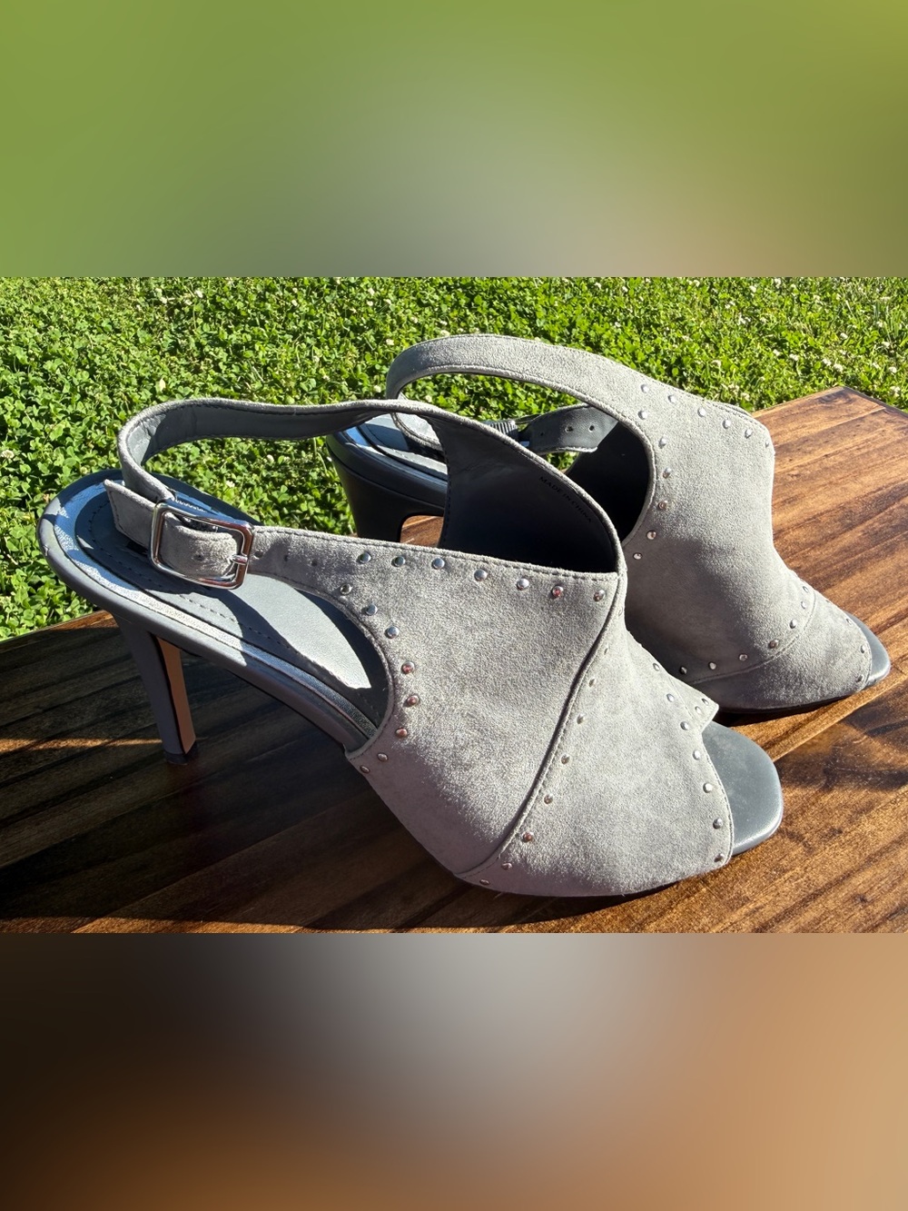 White House Black Market Gray Suede Studded Slingback Heels